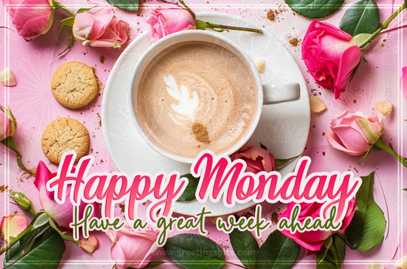 Happy Monday have a Great Week Ahead Image with coffee, cookies and roses