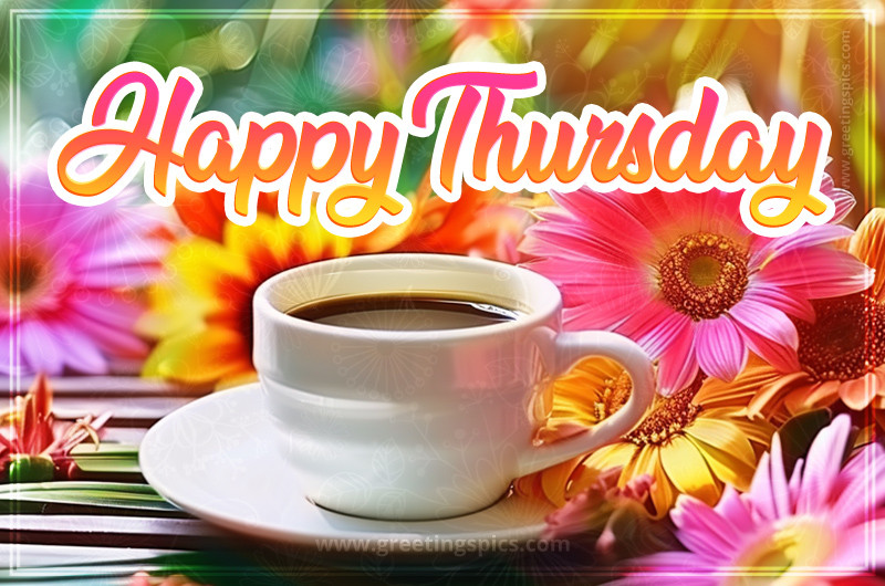 Happy thursday image with a cup of coffee and colofrul flowers