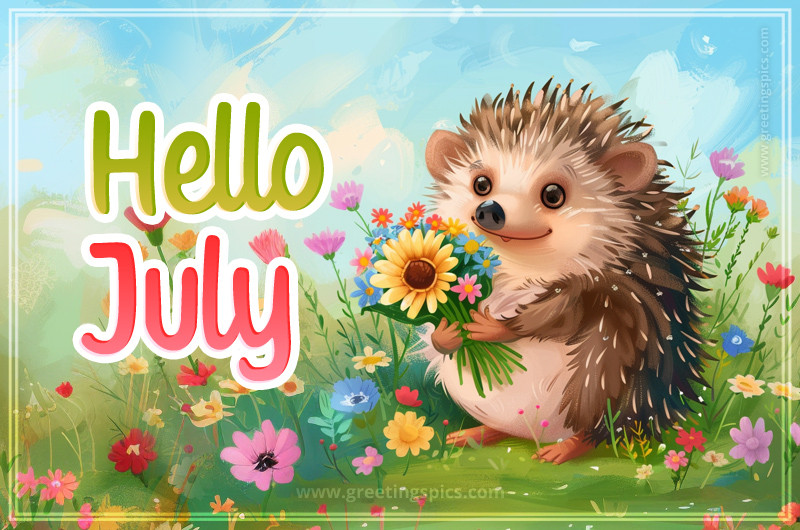 Hello July Picture of a cute hedgehog holding a bunch of flowers