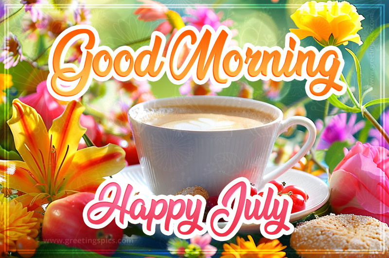 Good Morning Happy July image with a cup of coffee and colorful flowers