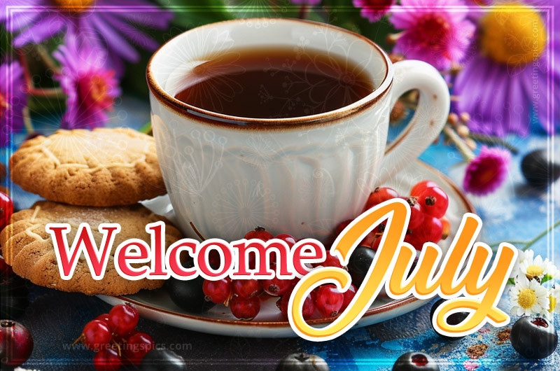 Welcome July picture with a cup of coffee and colorful flowers