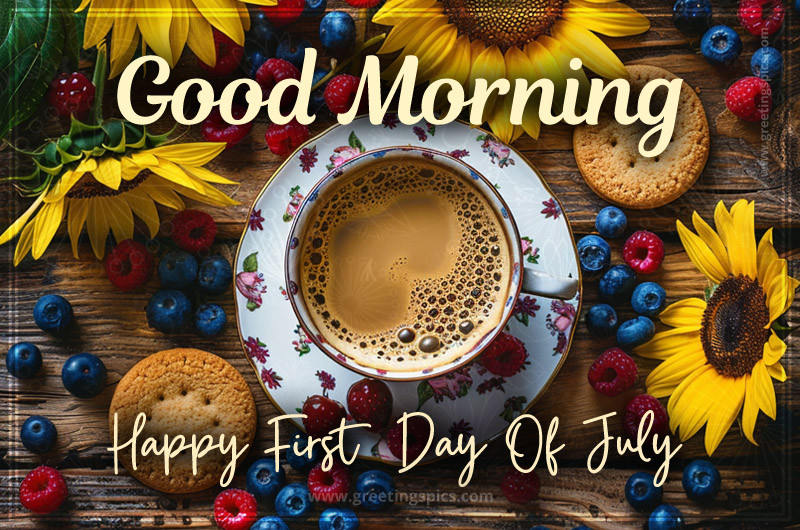 Good Morning happy first day of July picture with coffee, berries and sunflowers