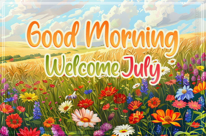 Good Morning Welcome July image with colorful wildflowers