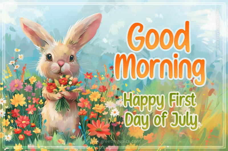 Good Morning Happy First Day of July a picture of a cute bunny holding a bunch of flowers