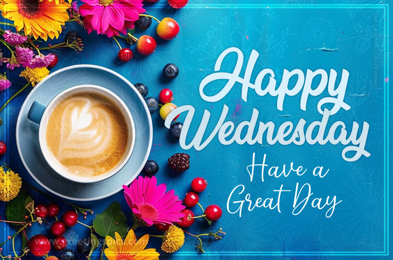 Happy Wednesday Have a Great Day image with a cup of coffee and colorful flowers