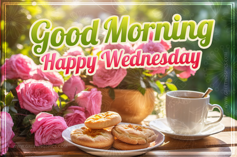 Good Morning Happy Wednesday Picture with tea, cookies and roses