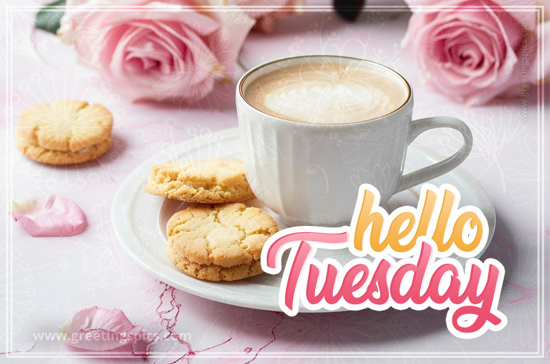 Hello Tuesday image with coffee, cookies and beautiful pink roses