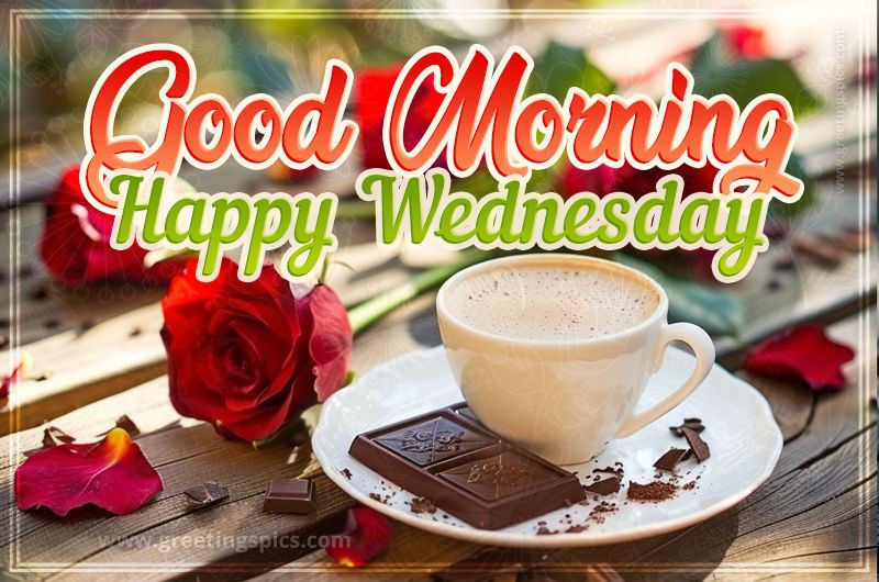 Good Morning happy Wednesday image with roses coffee and chocolate