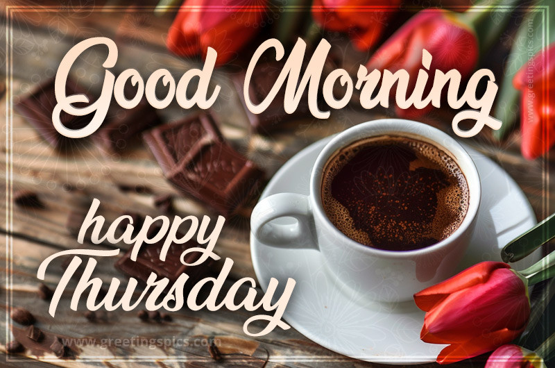 Good Morning happy Thursday picture with a cup of coffee, red tulips and chocolate