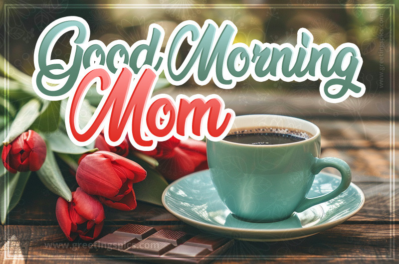 Good Morning Mom Image with a cup of coffee, chocolate and red tulips