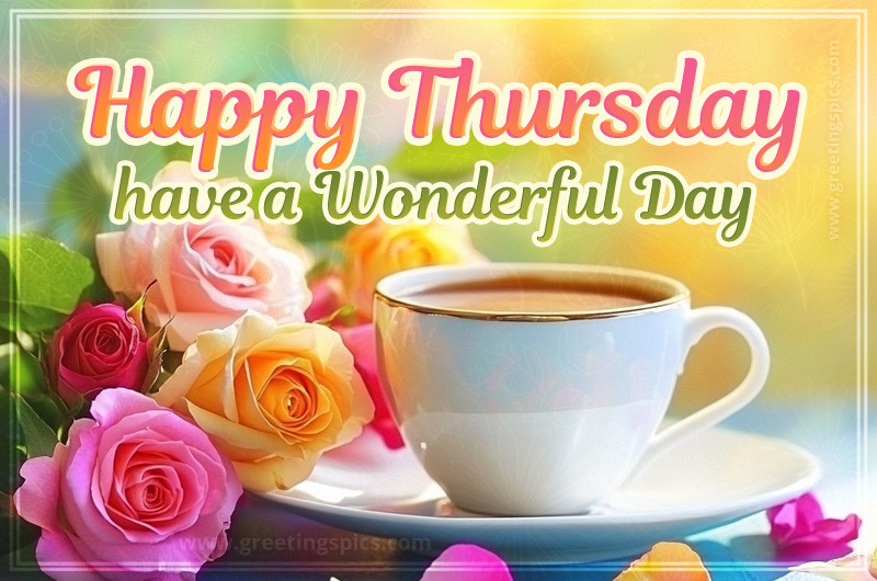 Happy Thursday have a Wondeful Day image with a cup of latte and roses