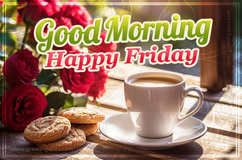 Good Morning Happy Friday image with coffee and cookies