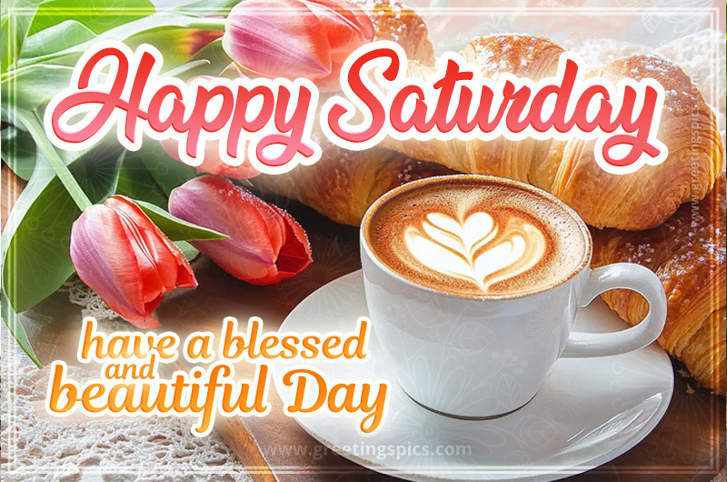 Happy Saturday image with a cup of cappuccino, croissant and red tulips