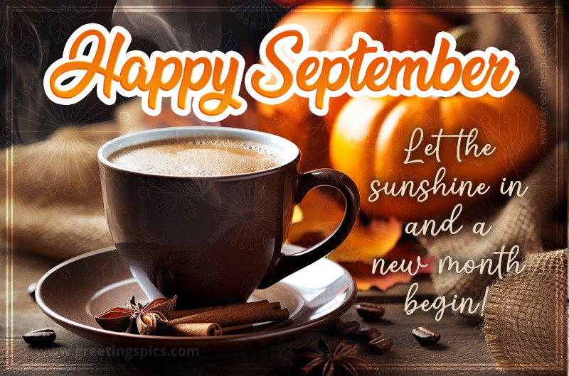 Happy September image with a cup of a cappuccino and cinnamon