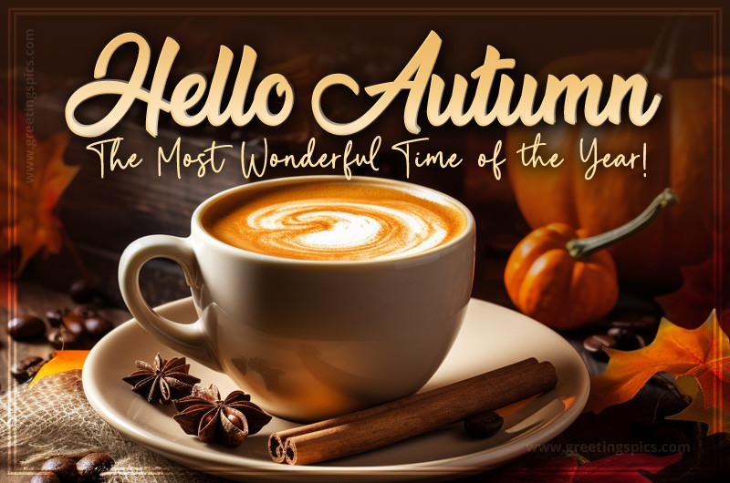 Hello Autumn beautiful image with a cup of coffee