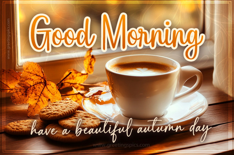 Good Morning Have a Beautiful Autumn Day image with coffee near the window