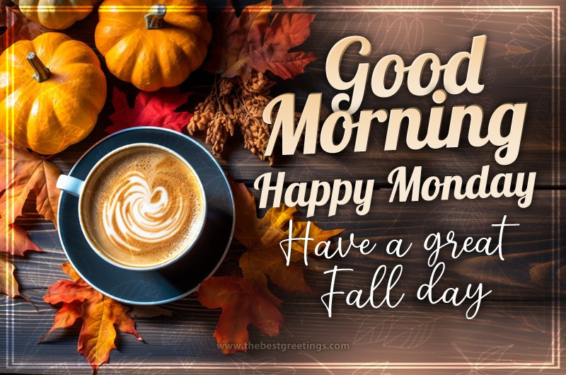 Good Morning Happy Monday Fall image with pumpkins and cup of coffee