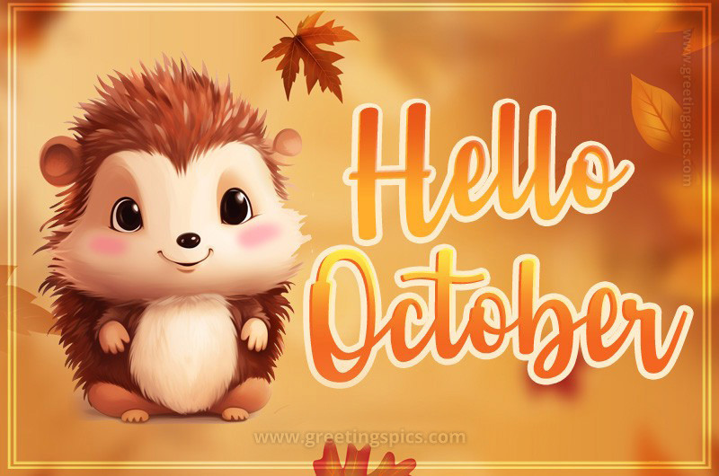 Hello October image with cute funny hedgehog