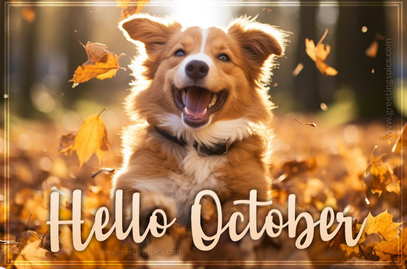 Hello October picture with happy dog