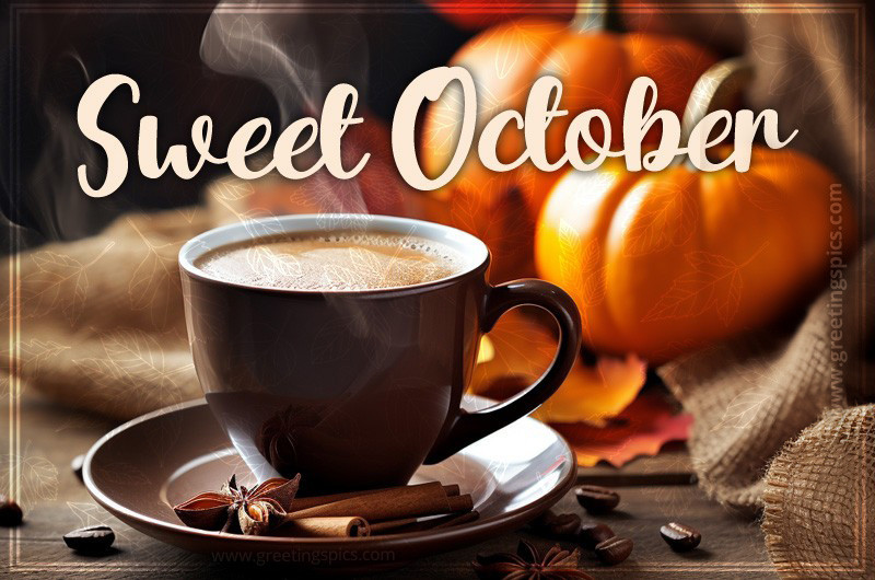 Sweet October image with hot coffee and pumpkins