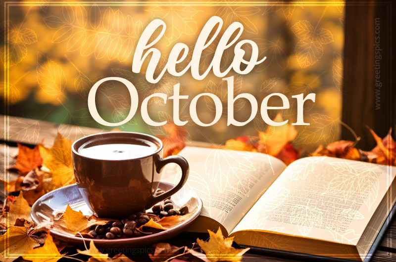 Hello October image with coffee and book