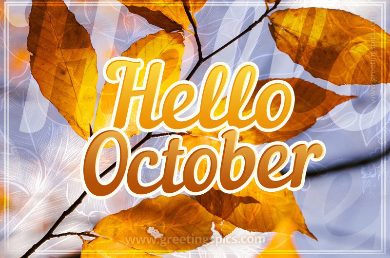 Hello October image with an inscription on the background of an autumn tree