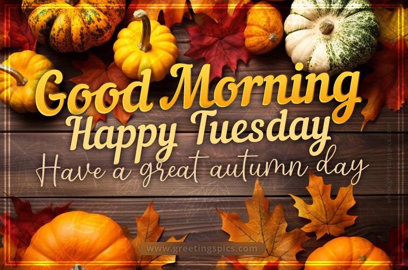 Good Morning Happy Tuesday Autumn image with pumpkins and fall leaves