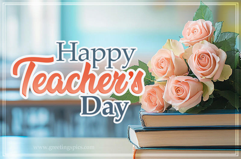 Happy Teacher's Day a picture of books and a bouquet of roses