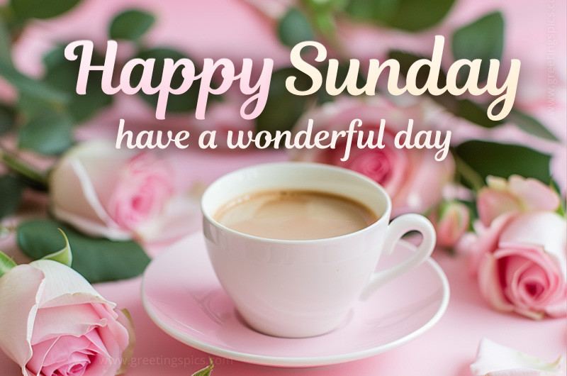 Happy Sunday image with a cup of coffee and beautiful pink roses