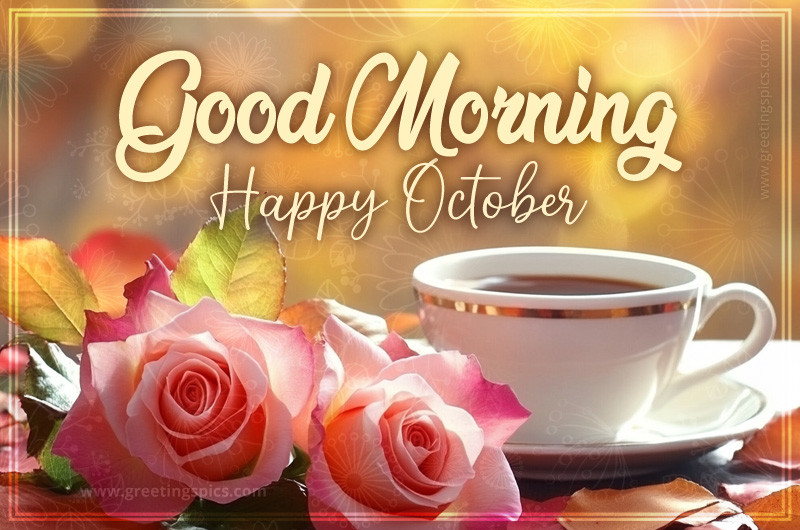 Good Morning Happy October picture with a cup of coffee and roses