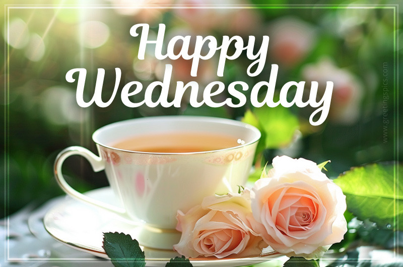 Happy Wednesday image with a cup of tea and pink roses