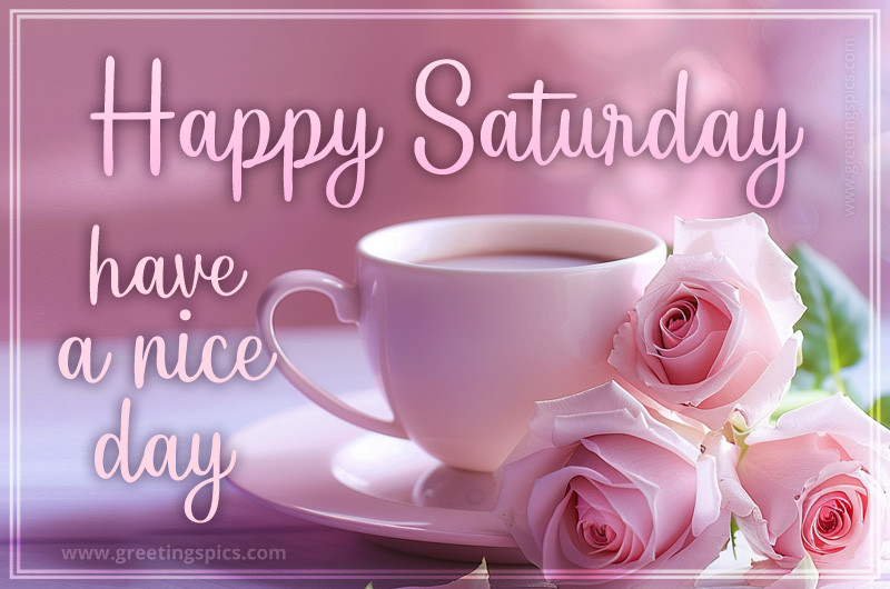 Happy Saturday have a Nice Day picture with a cup coffee and pink roses