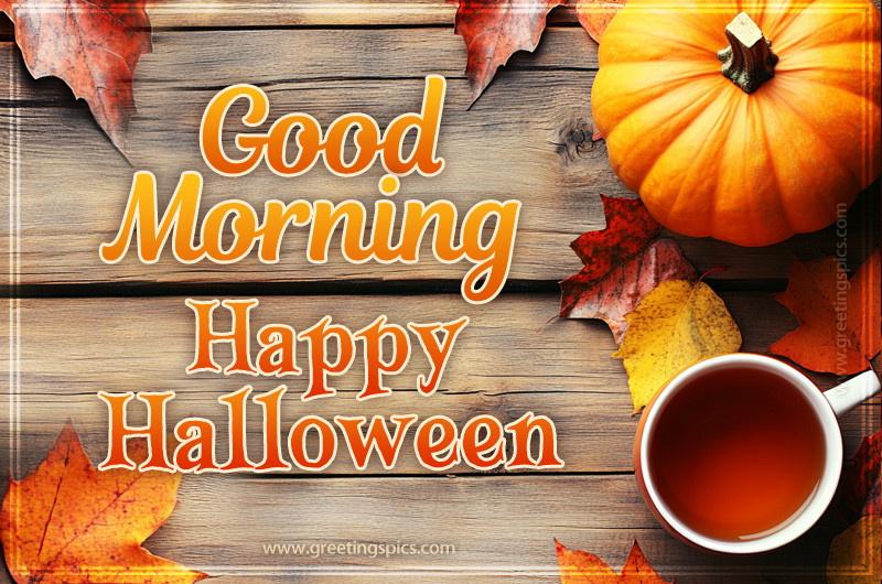 Good Morning Happy Halloween picture with fall leaves, pumpkin and a cup of tea