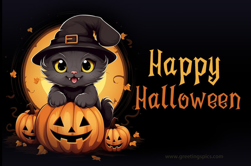 Happy Halloween Image wtih cute witch kitten on dark background