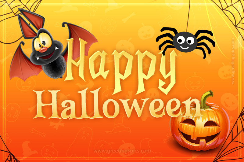 Happy Halloween funny picture with cute cartoon bat and spider