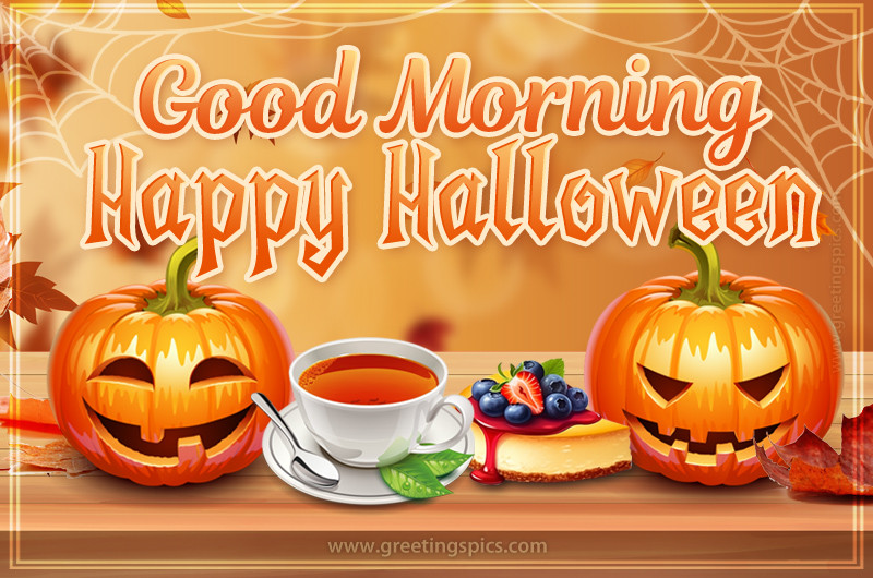 Good Morning Halloween image with cup of tea and cheesecake