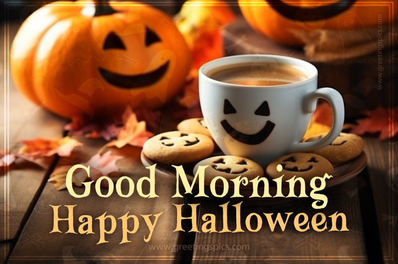 Good Morning Happy Halloween Image with cup of coffee and cookies