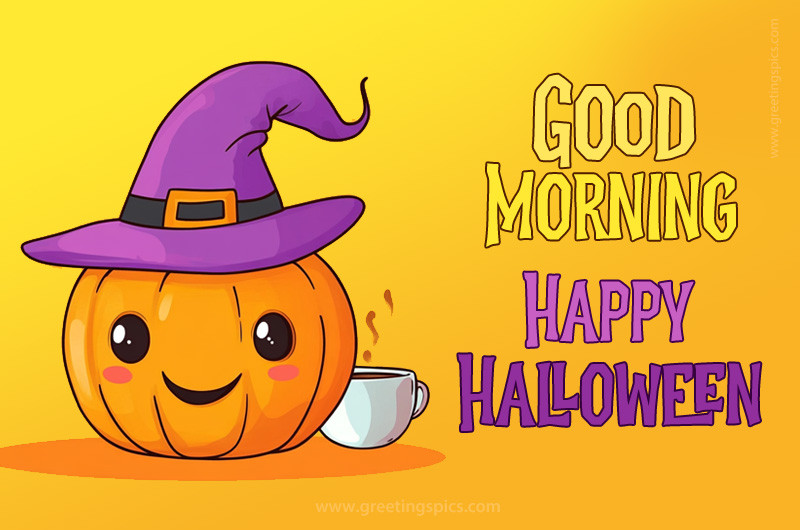 Good Morning Happy Halloween picture with a cute pumpkin and a cup of coffee