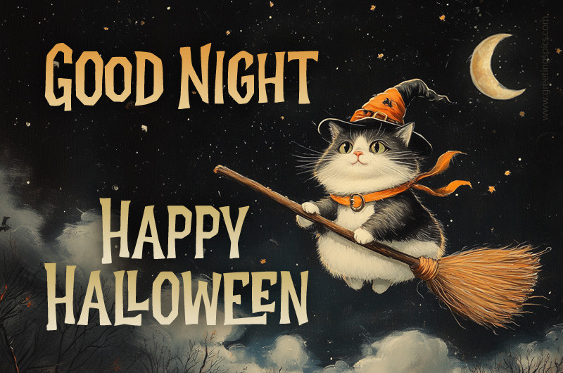 Good Night Happy Halloween image with a cute cat flying on a broomstick