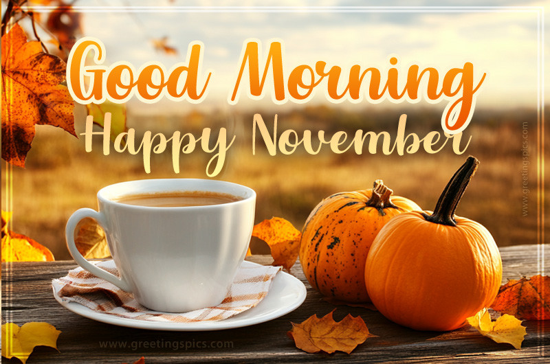 Good Morning Happy November picture with a cup of latte and a pumpkin