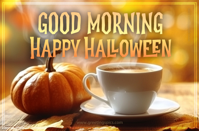 Good Morning Halloween image with a cup of latte and a pumpkin