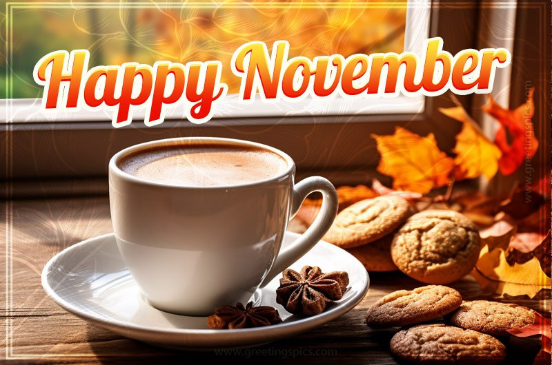 Happy November picture with coffee and cookies