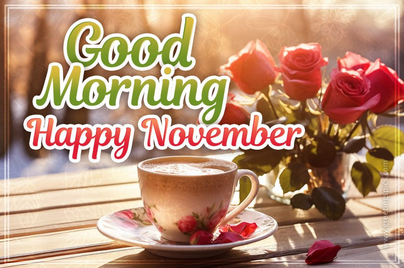 Good Morning Happy November picture with coffee and roses on the table on a frosty day