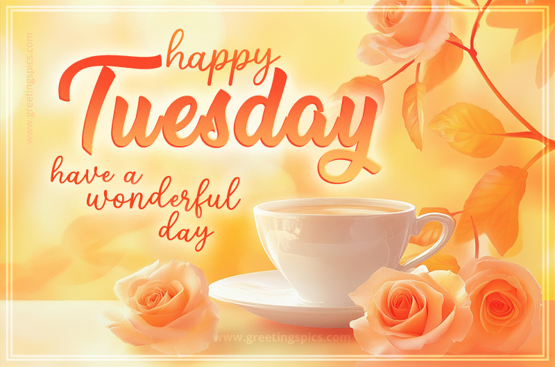 Happy Tuesday image with beautiful roses on a bright orange background