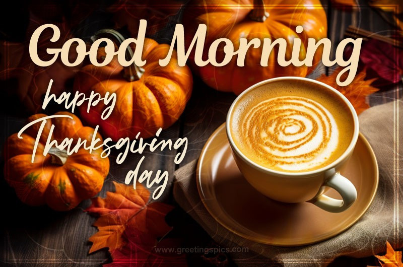 Good Morning Happy Thanksgiving Day image with cappuccino, pumpkins and autumn leaves