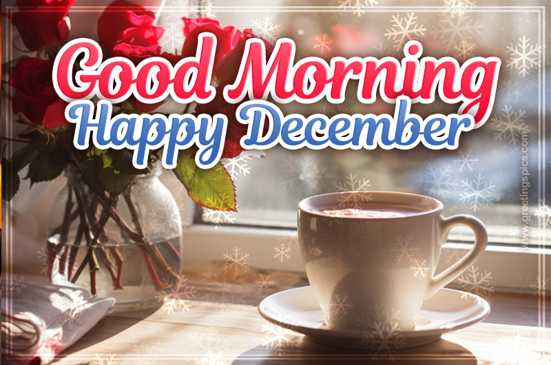 Good Morning Happy December Image with coffee and roses