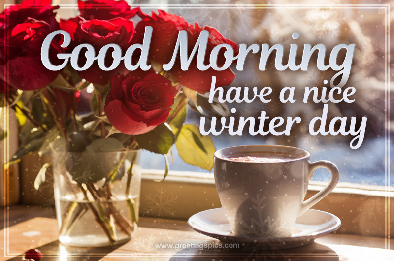 Good Morning Have a Nice Winter Day image with cup of coffee and red roses