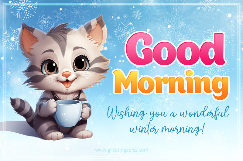 Good Morning Winter picture with a wish and adorable kitten ​