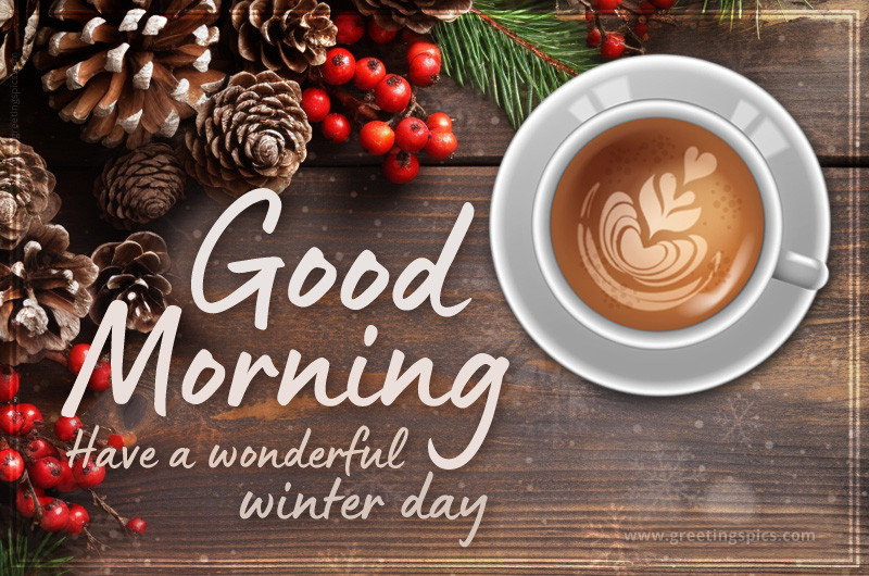 Good Morning Winter image with a cup of latte on a wooden table