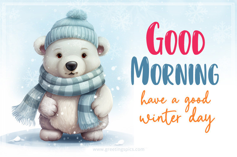 Winter Good Morning image with cute polar bear in a hat and scarf